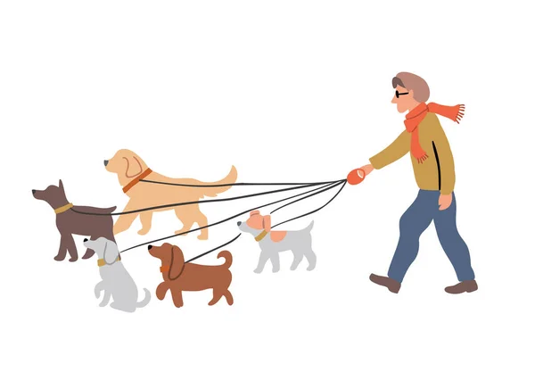 Mann Hund Gassi gehen mit Hunden Rassen Illustration — Stockvektor