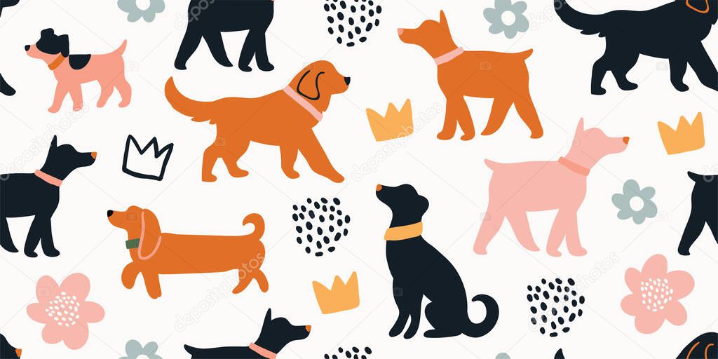 seamless pattern with cute dogs isolated on white
