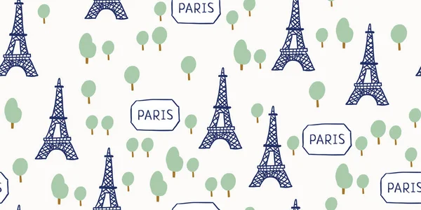 Seamless pattern with eiffel tower, trees, paris — Stock Vector