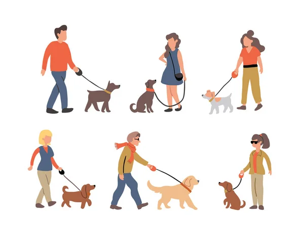 Serie di persone cane da passeggio cani razze illustrazione — Vettoriale Stock