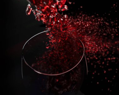 Şarap döktü. Siyah arka plan. 3D render