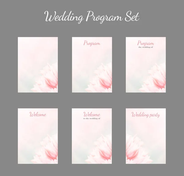 Wedding Program card set, pink tulips, vertical. Greeting, invite card, elegant clear design template, light blue blur background.