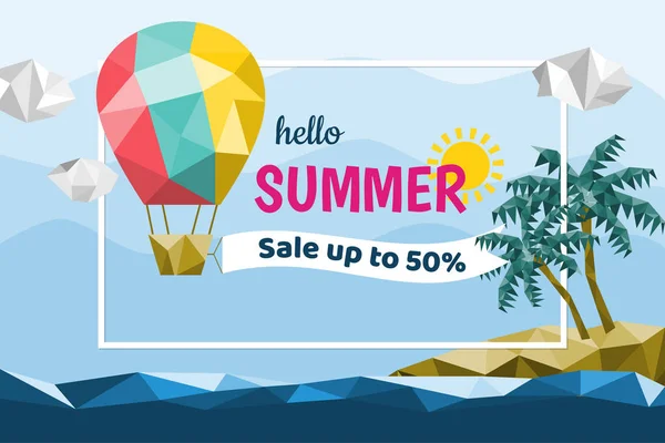 Merhaba yaz satışı büyük başlığı, renkli sıcak hava balonu float denizin.