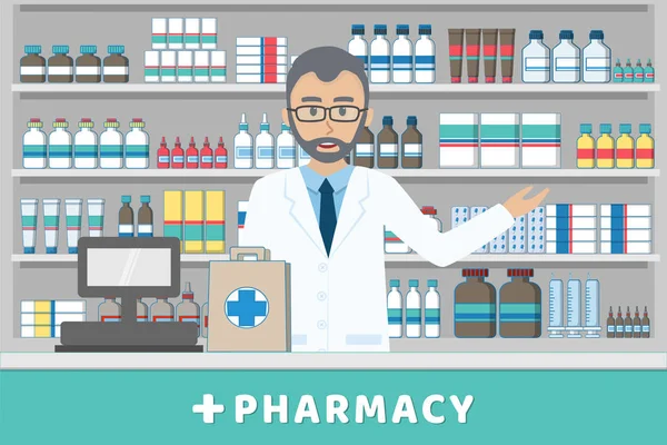 Malını casheir tezgahın arkasında ayakta eczacı önerdi. Düz stil llustration vektör.