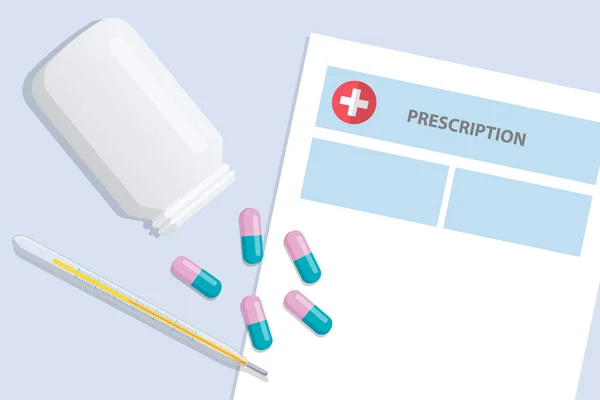 İlaç reçete ile termometre ve uyuşturucu hap. 