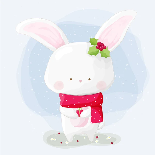 Niedlichen Handgezeichneten Kaninchen Mit Rotem Schal Winter Hintergrund — Stockvektor