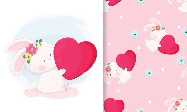 Elle çizilmiş şirin tavşan, büyük bir kalp tutuyor, kusursuz desenli.