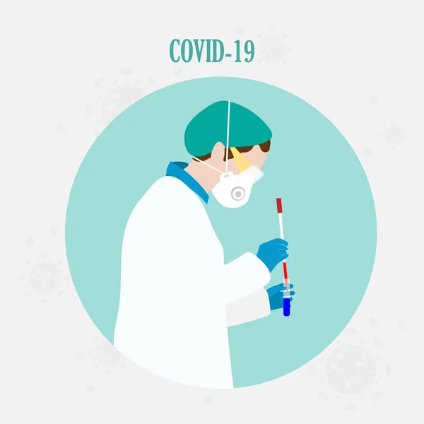 Covid-19 Coronavirus reseach ve bir tüp biyolojik numuneyle mikrobiyolog testi. Tehlikeli Madde Odaları, Gaz Maskeleri Eldivenleri ve Gözlükleri 'nde aşı araştırmaları yapan doktor..