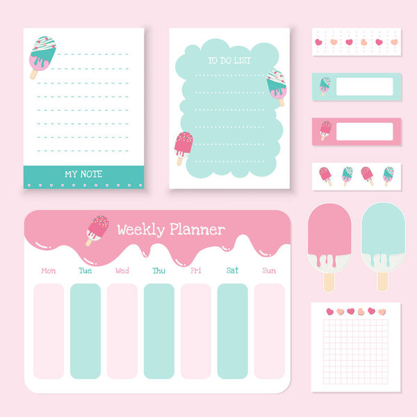 Set of cute note papers ,sticker and sticky tape. Summer collection of weekly planner and notepad. Blank post for message, to do list, memory template ,text box ,banner frame background vector illustration. 