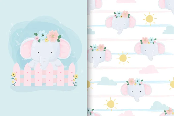 Dikensiz desenli arka planı olan şirin el yapımı bebek fil çitleri. Düz elle çizilmiş illüstrasyon çocuğunun afişi 