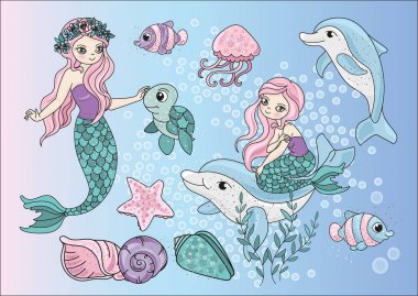Deniz Clipart Mermaids vektör çizim kağıt renkli doğum günü düğün sihirli resim Scrapbooking bebek kitap dijital yazdırma Decor kartı fotoğraf çocuk albümü renk