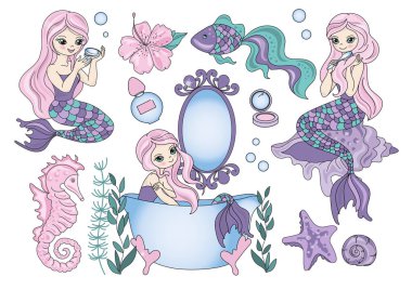 Deniz Clipart mor deniz kızı renk vektör çizim kağıt renkli doğum günü düğün sihirli resim Scrapbooking bebek kitap dijital yazdırma Decor kartı fotoğraf çocuklar albümü