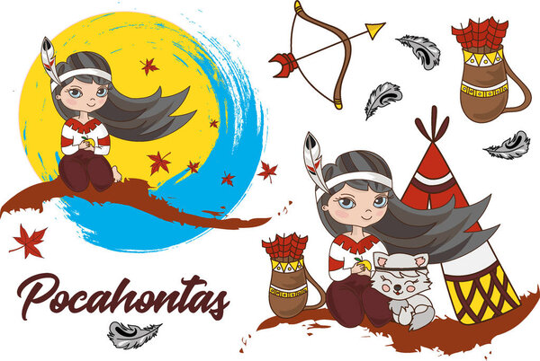 Cartoon Clipart POCAHONTAS Color Vector Paper Colorful Birthday Wedding Magic Picture Srapbooking Baby Book Digital Print Decor Card Photo Children
