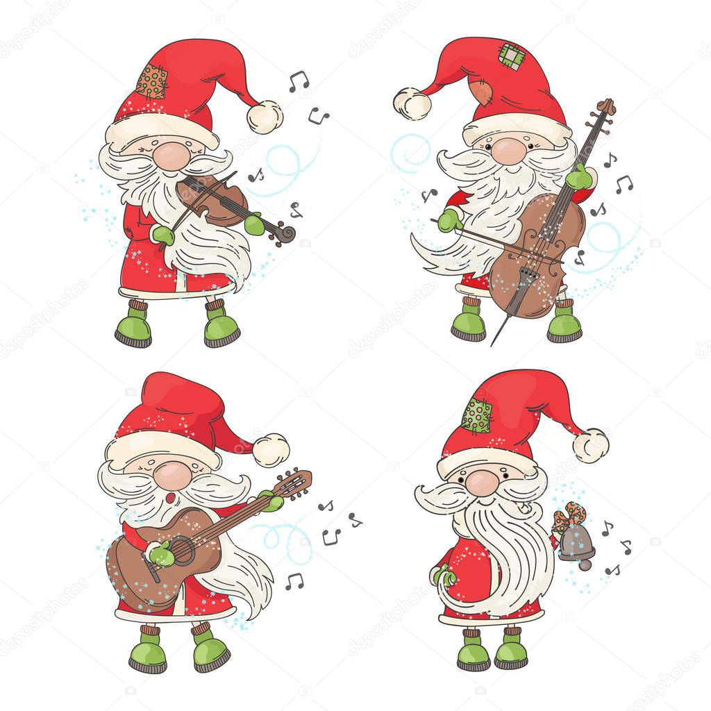 FOUR SANTA Merry Christmas and New Year Musician Cartoon Holiday Vector Illustration Set for Print Fabric and Decoration