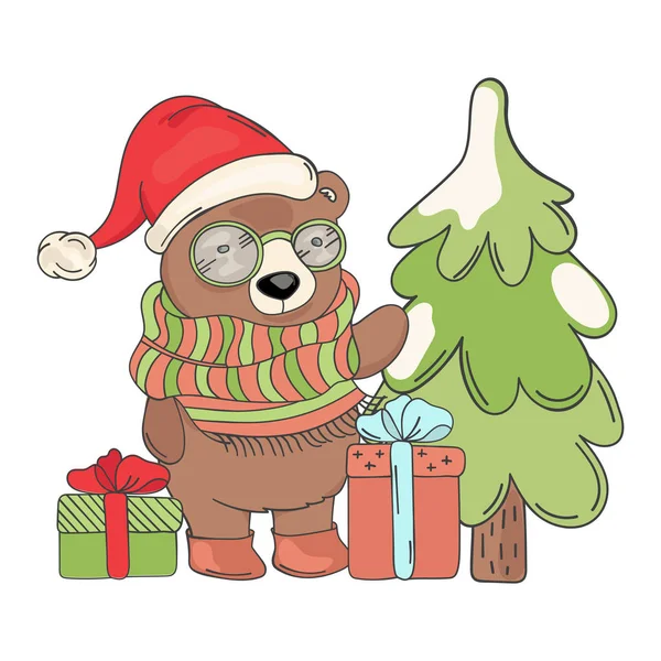 Regalo Bear Santa Buon Natale Capodanno Cartoon Animal Holiday Vector — Vettoriale Stock