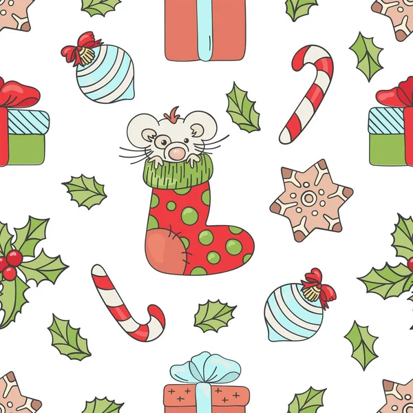Nuevo Año Mouse Feliz Navidad Invierno Animal Patrón Sin Costura — Vector de stock