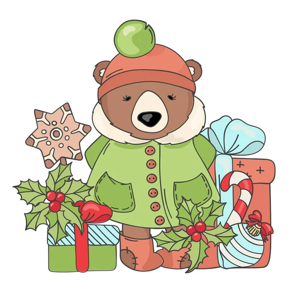 Regalo Orso Buon Natale Capodanno Cartoon Animal Holiday Vector Illustration — Vettoriale Stock