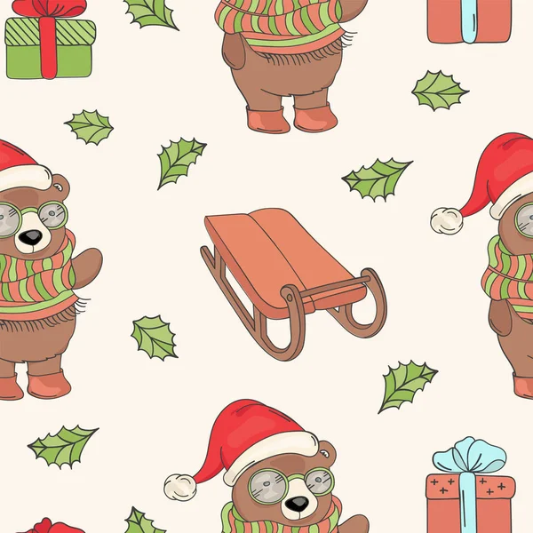 Bear Santa Sled Feliz Navidad Año Nuevo Invierno Animal Seamless — Vector de stock