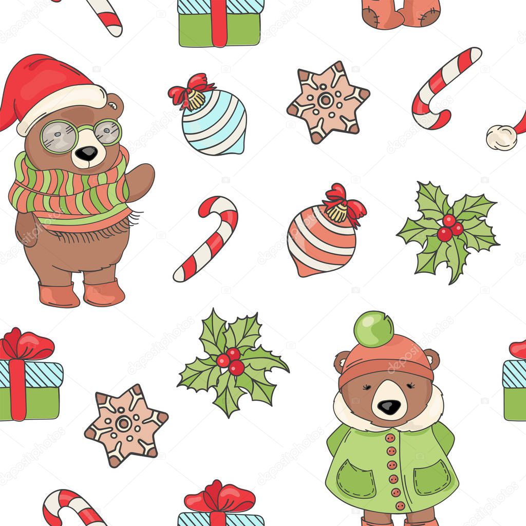 BEAR CHRISTMAS Merry Christmas and New Year Winter Animal Seamless Pattern Vector Illustration for Print Fabric and Digital Paper