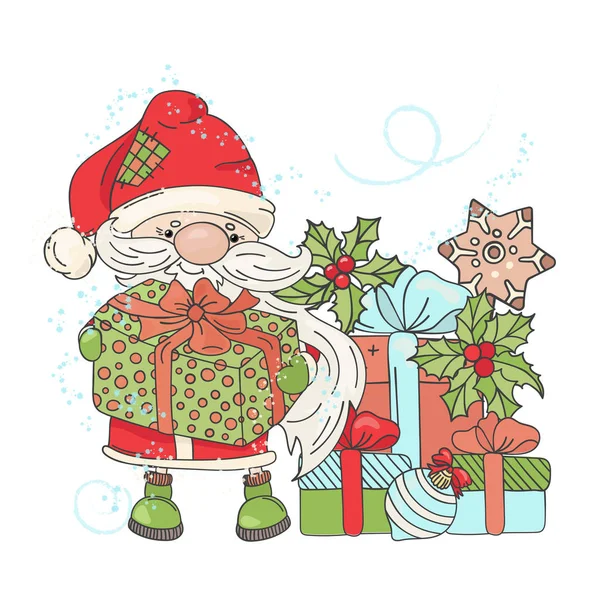 Dar Regalo Santa Año Nuevo Navidad Caricatura Tarjeta Vacaciones Vector — Vector de stock