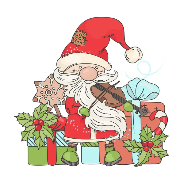 Violin Santa Musica Buon Natale Capodanno Musicista Fumetto Vettoriale Illustrazione — Vettoriale Stock