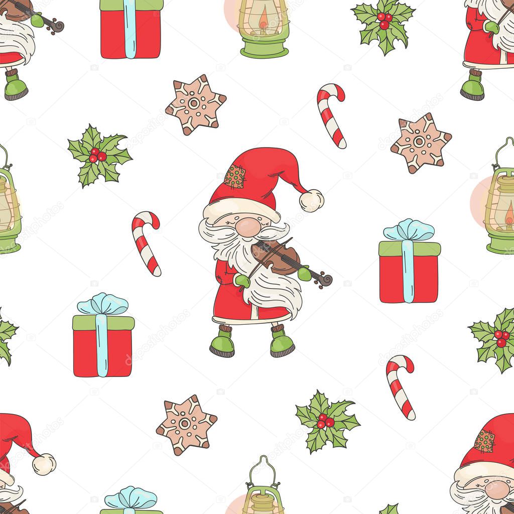 SANTA VIOLIN Merry Christmas And New Year Winter Cartoon Seamless Pattern Vector Illustration for Print Fabric and Digital Paper