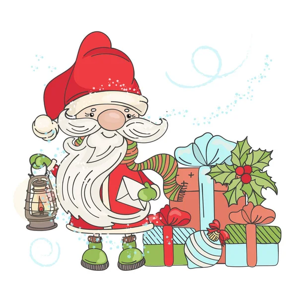 Tanti Regali Santa Capodanno Natale Cartoon Holiday Card Vector Illustration — Vettoriale Stock