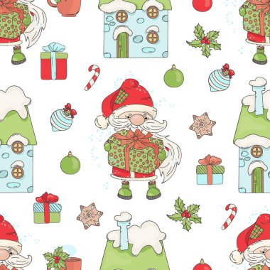 Noel Baba Hediyesi Yeni Yıl ve Mutlu Noeller Kış Tatili Yazdırma ve Dijital Kağıt için Kusursuz Desensiz Desen Tasviri