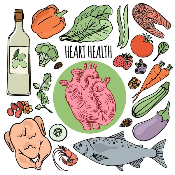 Heart Health Diet Людська Органічна Їжа Правильне Харчування Векторні Ілюстрації — стоковий вектор