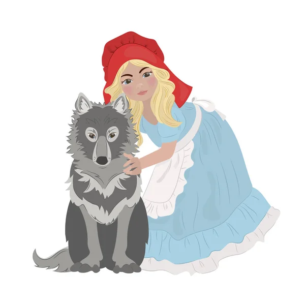 Red Hat Fairytale Cartoon Girl Wolf Holiday Vector Illustration Set — Stockvektor