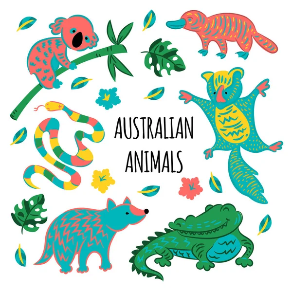 オーストラリアの動物の森漫画童話自然イラストプリント生地と装飾用 — ストックベクタ