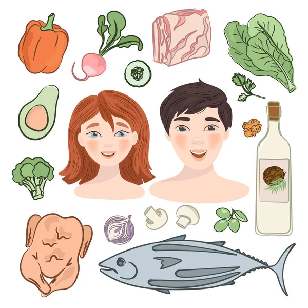 Keto Family Natural Alimentos Saudáveis Paleo Dieta Nutrition Vector Illustration —  Vetores de Stock