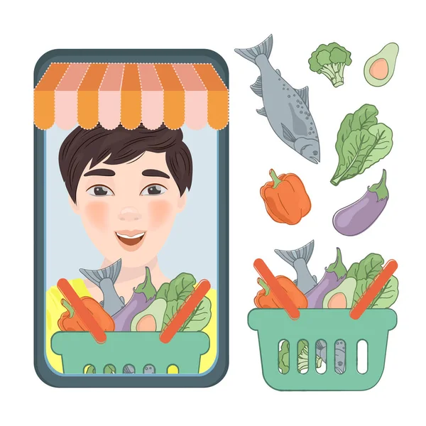 Online Keto Obchodování Potravinami Smartphone Cartoon Boy Nákupní Vektorové Ilustrační — Stockový vektor