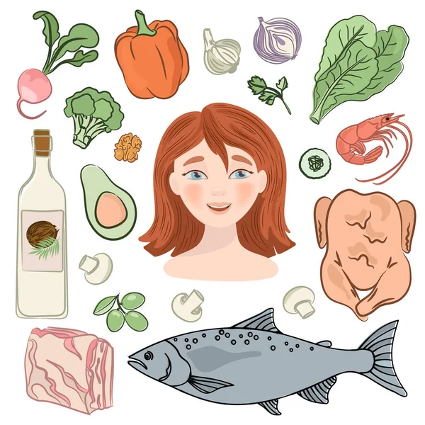 Keto Womanナチュラル健康食品パレオ食事栄養 家族のベクトルイラストプリント生地と装飾のためのセット — ストックベクタ