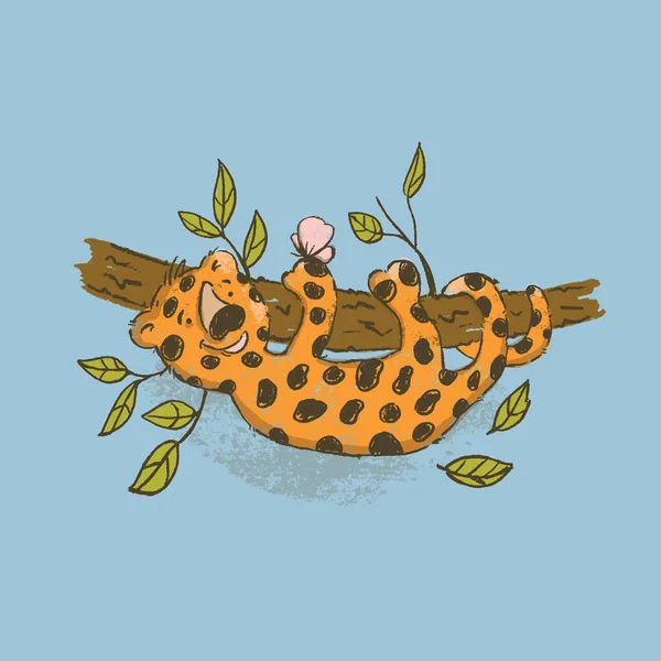 Cute Leopard Tecknad Djungel Djur Vektor Illustration Kort För Utskrift — Stock vektor