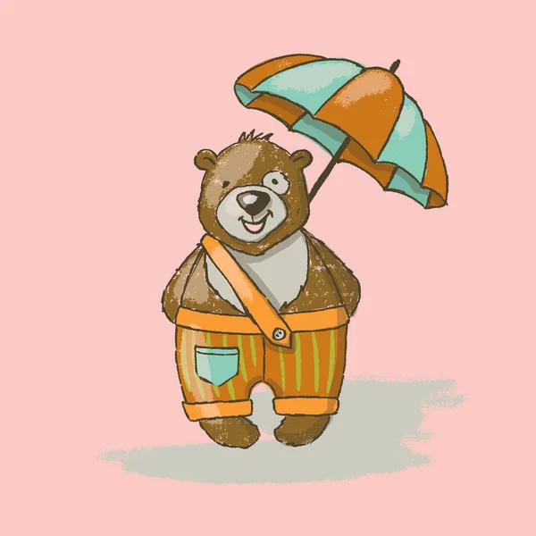 Bear Umbrella Cartoon Cute Animal Hand Drawn Vector Ilustracja Karty — Wektor stockowy