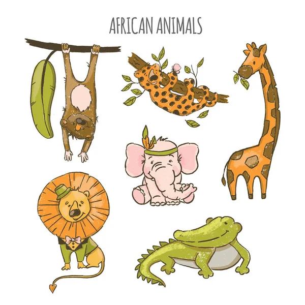 African Animals Cute Cartoon Circus Zoo Jungle Tropical Savannah Hand — Stock Vector
