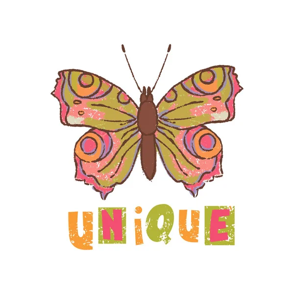 Butterfly Único Lindo Dibujo Dibujado Mano Insecto Tropical Juego Ilustración — Vector de stock
