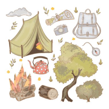 Nature Picnic Holiday Hand 'de Dinlenelim Çizgi film Vector Illustration Set Yazdırma ve Tasarım için