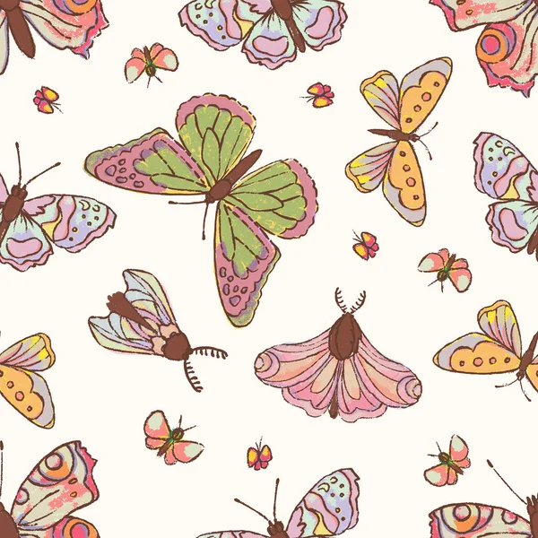 Butterfly Pattern Cute Cartoon Tropical Insect Dibujado Mano Grunge Sin — Vector de stock