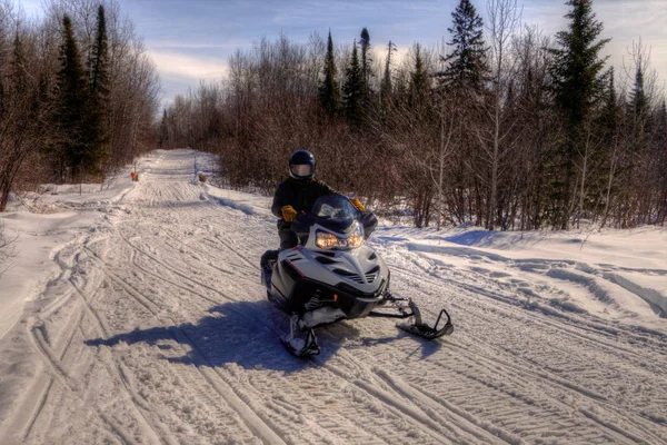 Snowmobiling az erdőben az északi Minnesota télen — Stock Fotó