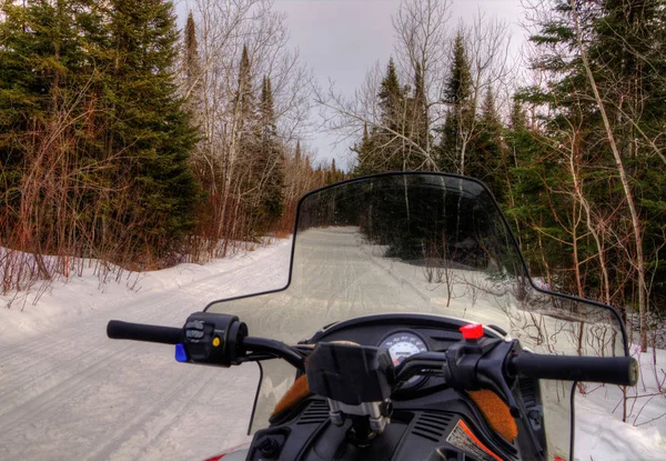 Snowmobiling through the Woods of Northern Minnesota in Winter — Stock Photo, Image