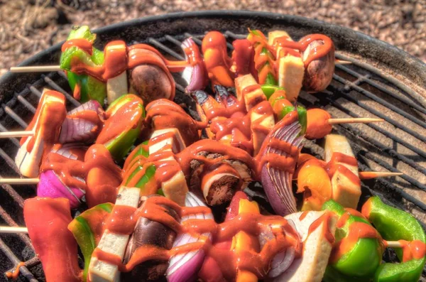 Raw Vegetables and Tofu are prepared for Kabobs and grilled on a Portable Grill — Stock Photo, Image