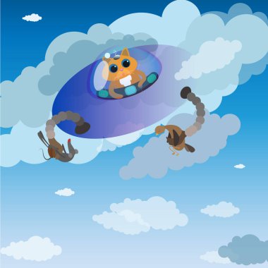 illüstrasyon kedi uzaylı vektör çizim bulutlar gökyüzü korku Cadılar Bayramı düz fareler Tavukçuluk gıda Ufo uçuş çizgi film karakteri avcılık av vektör