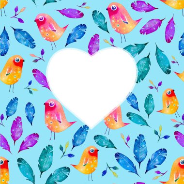 Üzerinde kuşların ve botanik elementlerin olduğu kartpostal izi. Doğum günü, düğün kartları ve davetiyeler için iyi. 