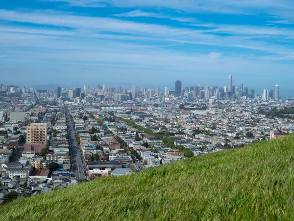 Grassy meadow overlooking San Francisco skyline — Stock Photo, Image
