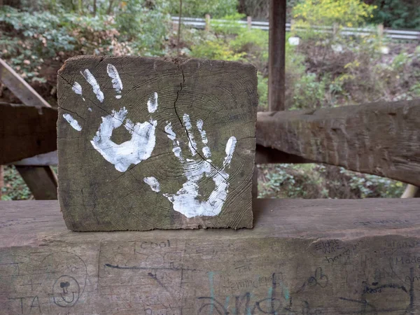 Arte de la mano exhibido en el parque con espacio a la derecha —  Fotos de Stock