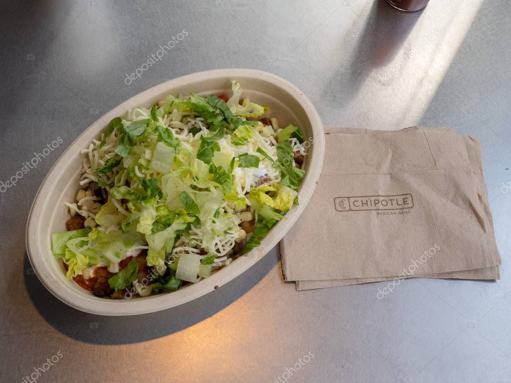SAN FRANCISCO, CA - MARCH 18, 2018: A steak burrito bowl served in Chipotle in downtown San Francisco.
