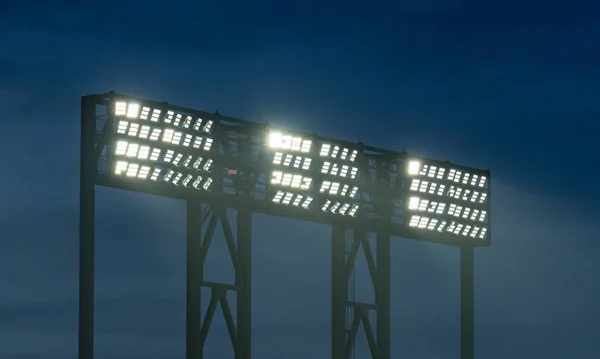 Tiga lampu stadion membanjiri lapangan atletik — Stok Foto