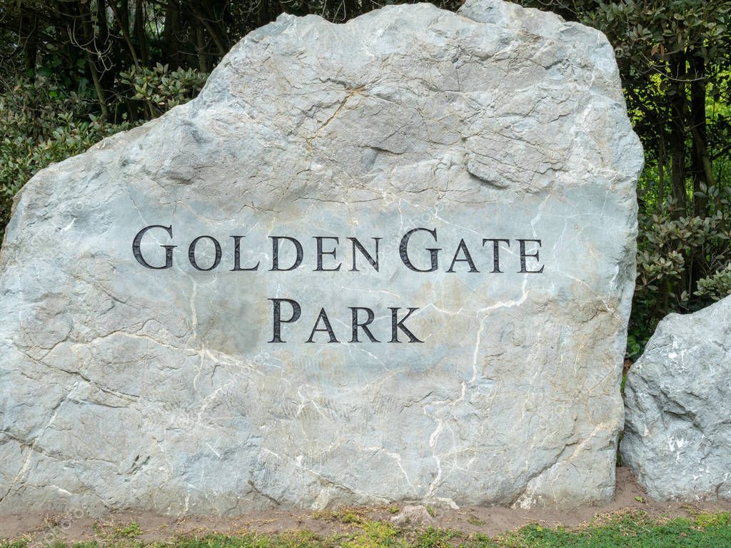 SAN FRANCISCO, CA  APRIL 28, 2018 Golden Gate Park entrance rock sign in San Francisco